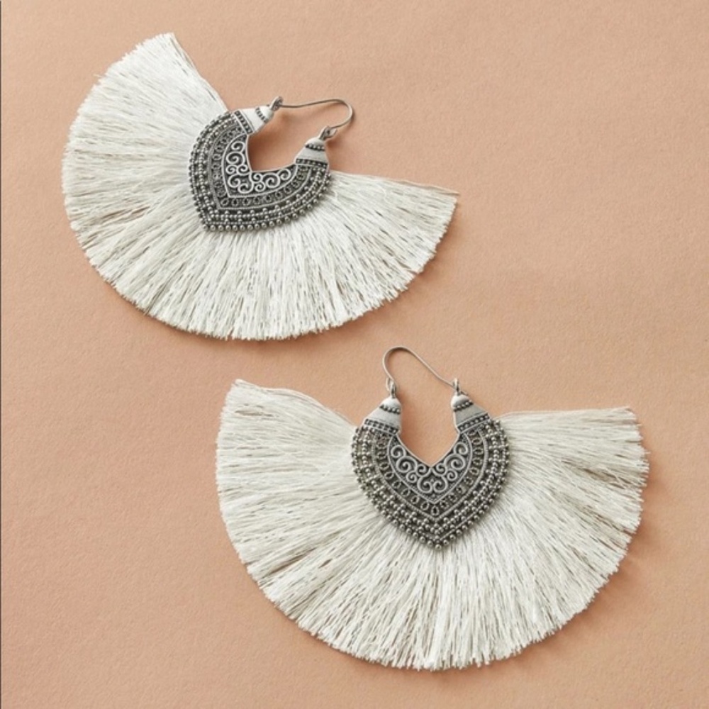 AVAILABLE Tassel Fan Hoop Earrings Silver Boho